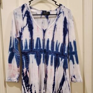Tryst top Women's Large Blue/Pink/White Tie Dye Hi Low Hem 3/4 Sleeve